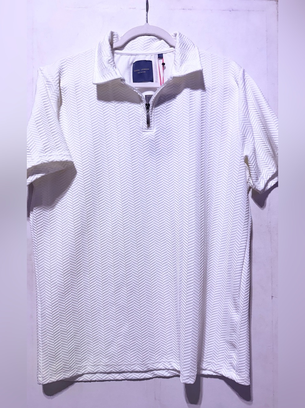 Guide London Premium Size-Large Cream Chevron Knit Zip Polo